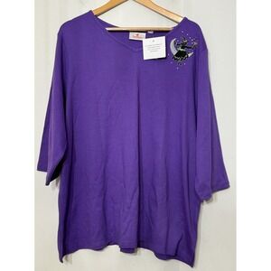 Quacker Factory Halloween Tunic NWT Purple Halloween Black Cat Moon V Neck 2X